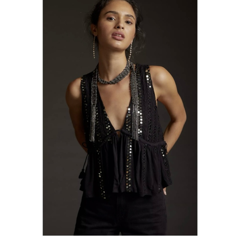 Anthropologie Black Sequin Top NWT